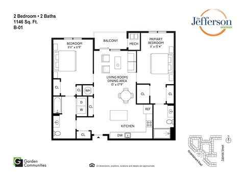 Floor plan for 2 beds, 2 baths, 1146 sqft
